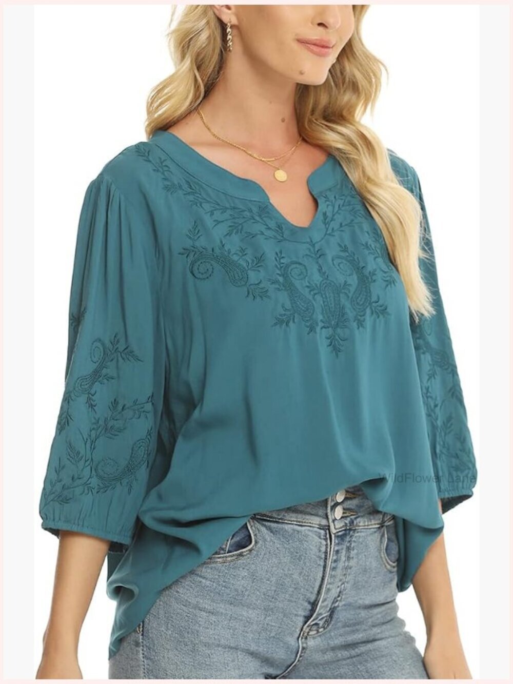 3/4 Sleeve Embroidered Tunic Blouse Boho Peasant Top Casual Loose Fit